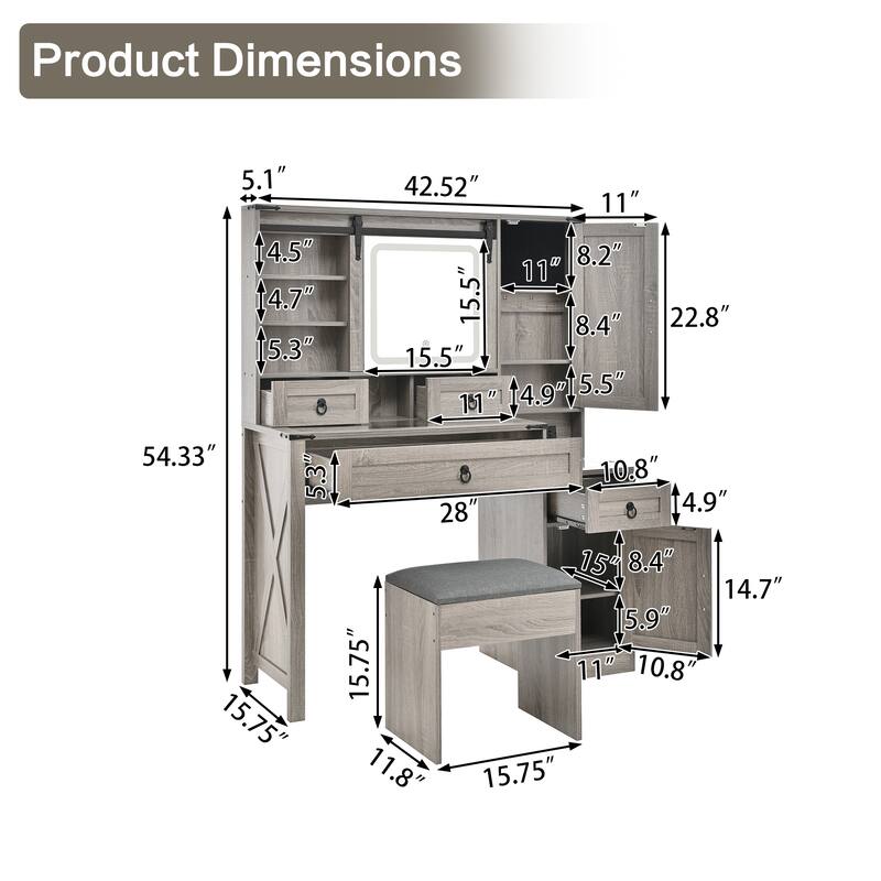 Roomfitters Farmhouse Vanity Desk with Sliding Mirror & Lights, Glass Top, Charging Station, 4 Drawers, 2 Cabinets, Stool