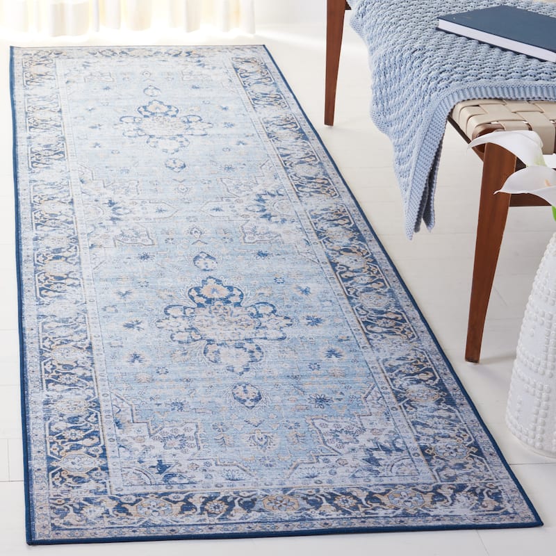 SAFAVIEH Tucson Machine Washable Slip Resistant Emmie Traditional Rug - 2'6" x 6' Runner - Light Blue/Navy
