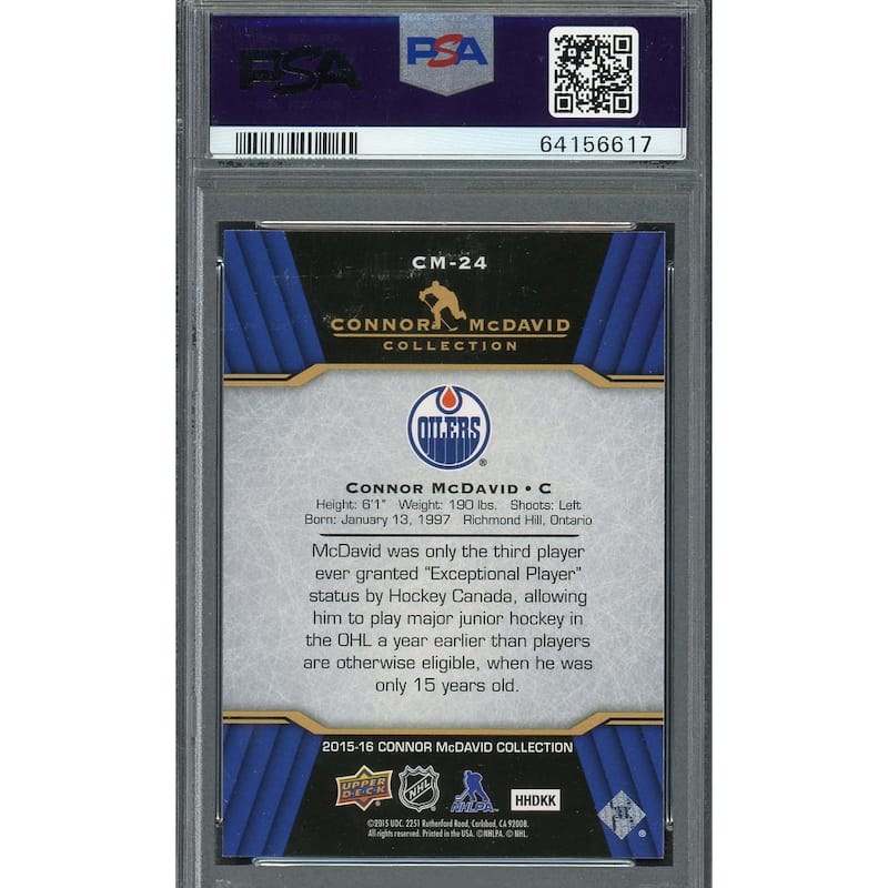 Connor McDavid 2015 Upper Deck Hockey Rookie Card RC #CM-24 Graded PSA 10 - 8'6" x 11'6"