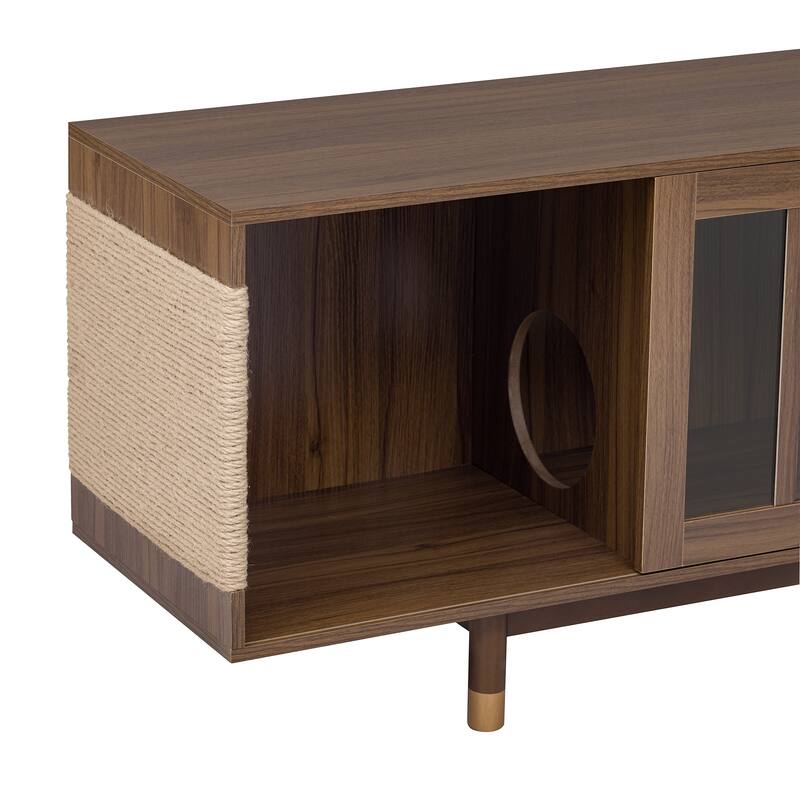 Modern 2 in 1 TV Stand with Cat Scratcher, Cat House Media Console Table with Sliding Flip-down Glass Doors