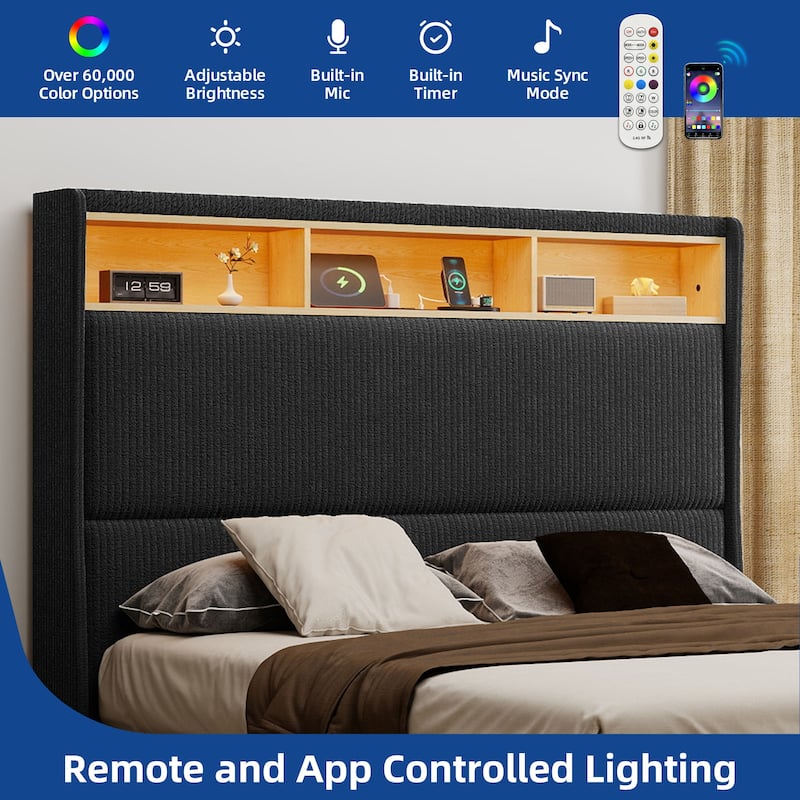 Moasis Corduroy Upholstered Platform Bed Frame with Charging Station and RGB LED Lights