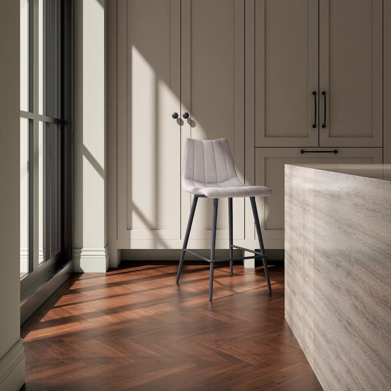 NADAAL STUDIOS Florian Counter Stool, Curved Back with Vertical Stitching and Steel Tapered Legs, Beige