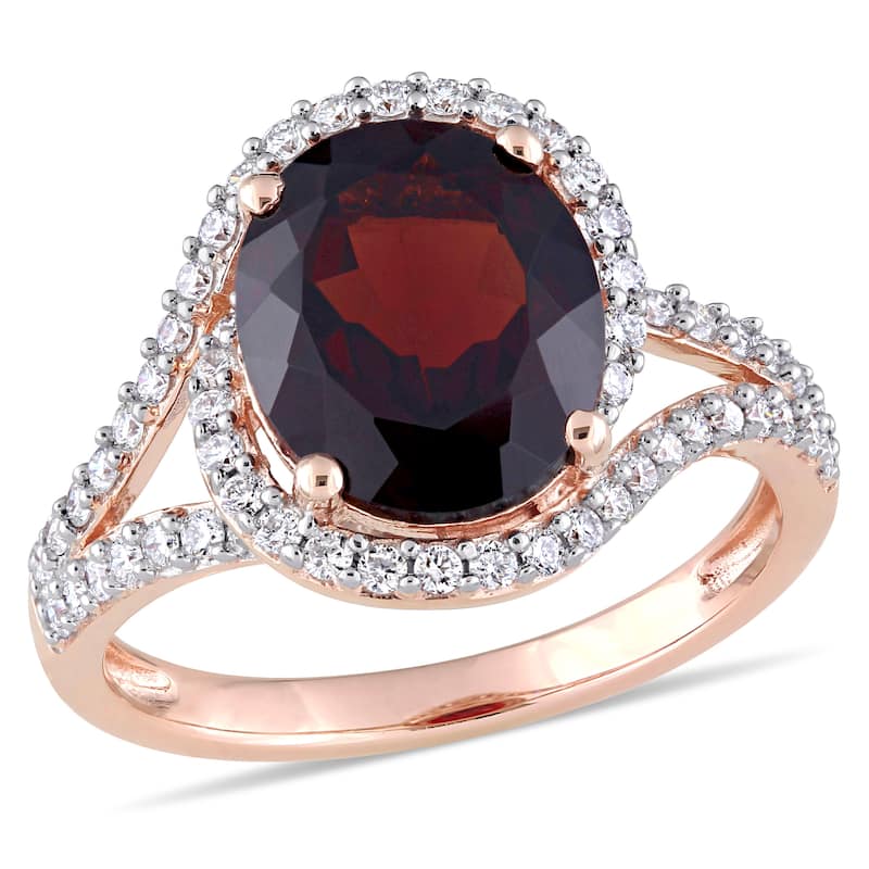 Miadora 3 1/2ct TGW Oval-Shaped Garnet 1/2ct TW Diamond Twist Halo Ring in 14k Rose Gold