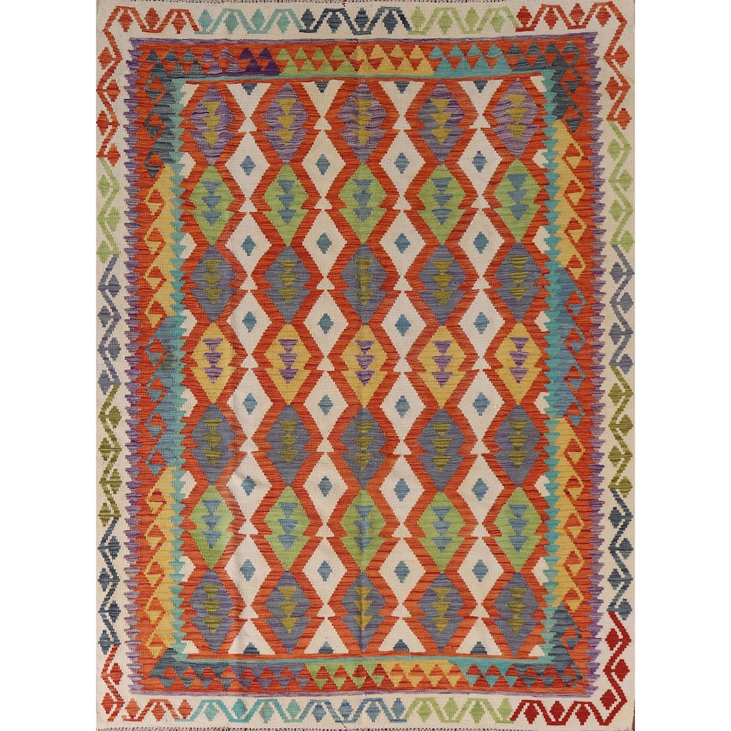 Geometric Kilim Oriental Rug Wool Carpet - 6'2"x 8'1"