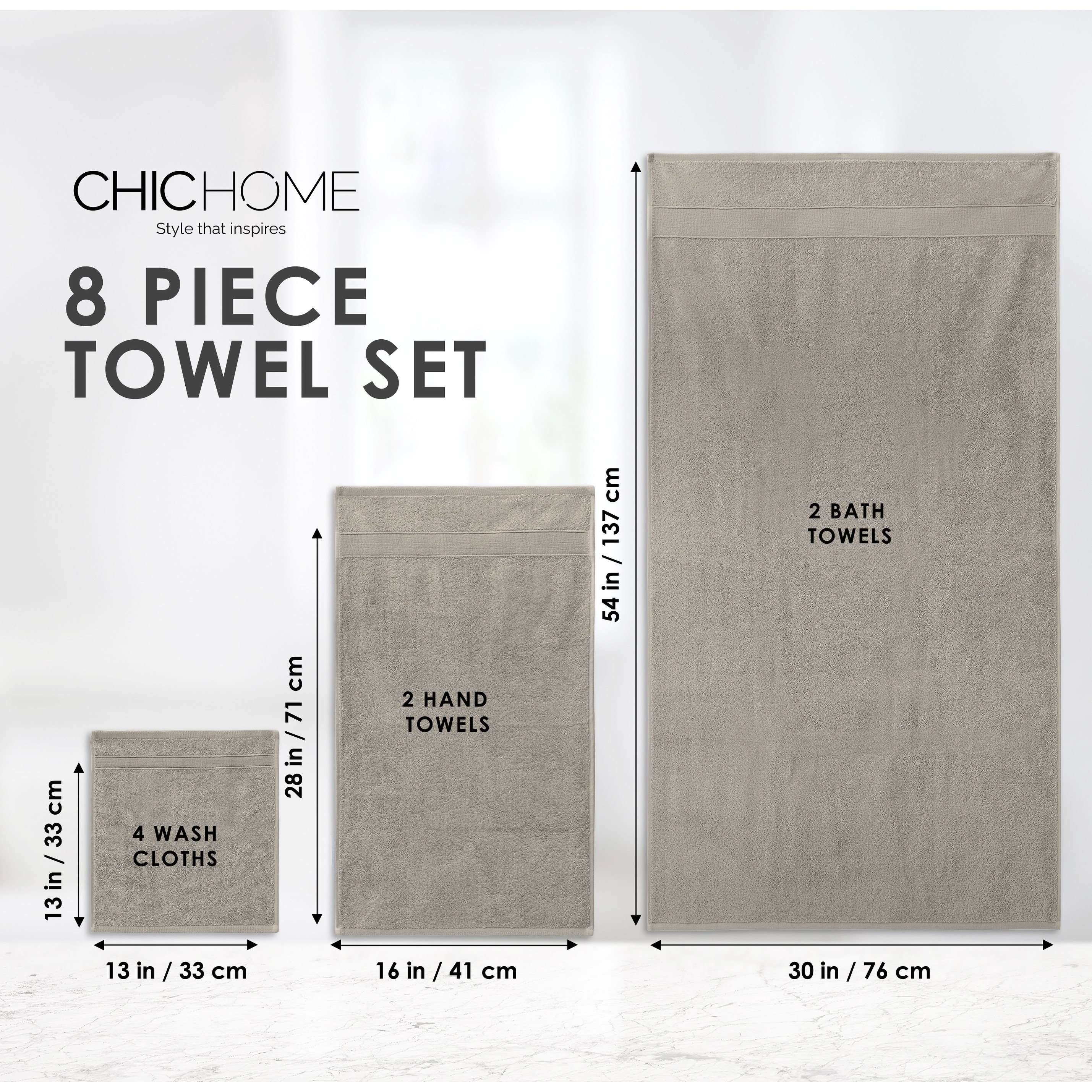 Chic Home 8-Piece Standard 100 Oeko-Tex Certified Towel Set - N/A
