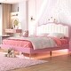 preview thumbnail 3 of 28, Full Size Upholstered Princess Platform Bed with Crown-Shaped Headboard, Soft Night Light Strips, and Gold Metal Legs