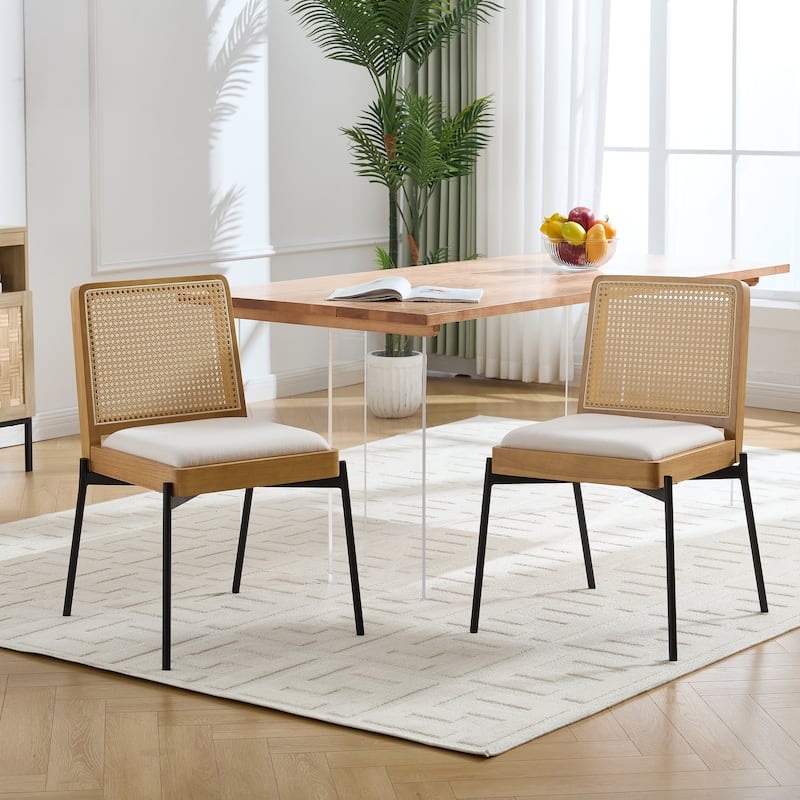 Dining Chairs Set of 2, Accent Linen Fabric Side Chairs with Rattan Backrest Metal Legs Kitchen Chairs for Dining Room