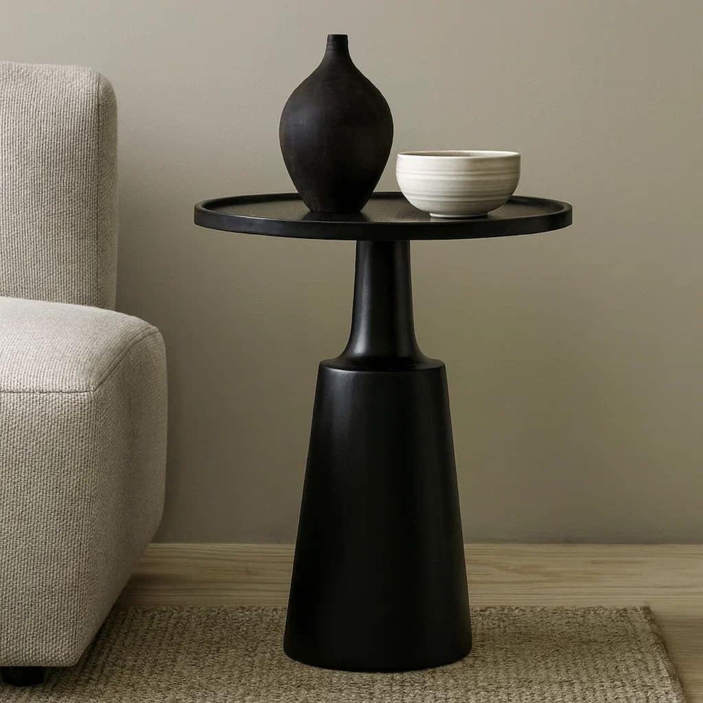 Coch 24 Inch Artisan Accent Table with Round Tabletop Tapered Base Black