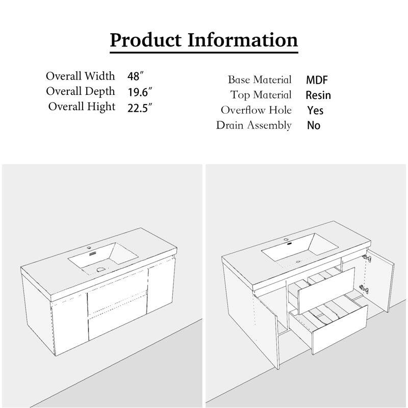 24"/30"/36"/48" Wall-Mounted 2-drawer Bathroom Vanity Set with Integrated Resin Sink