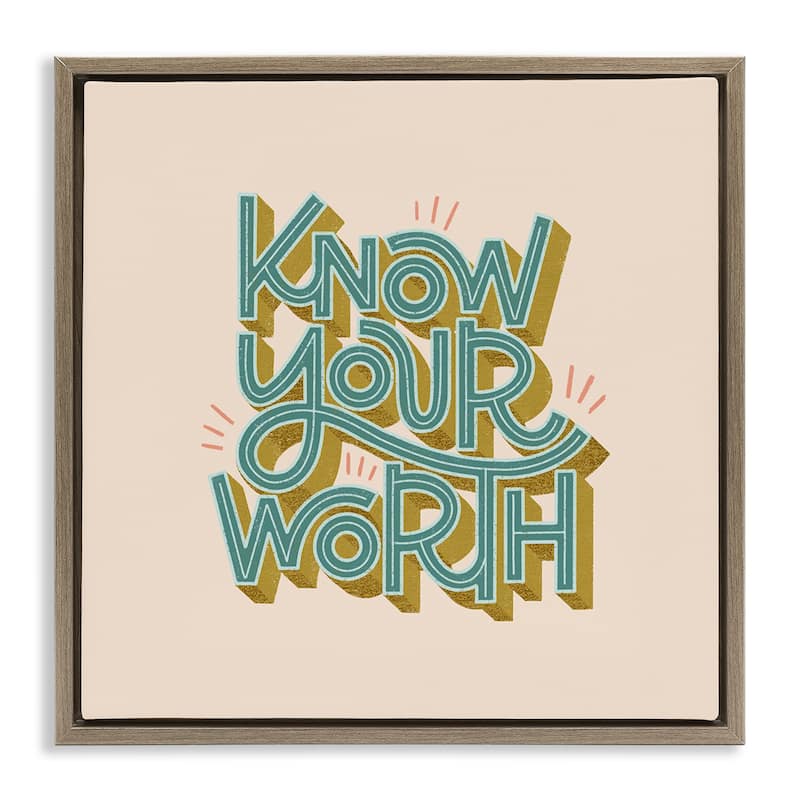 Stupell Know Your Worth Green on Beige Framed Floater Canvas Wall Art Design By Sarah Hickman - 18 x 18 - Brown