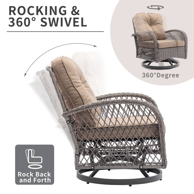 3 Pieces Outdoor Swivel Rocker Chairs, 360 Degree, Thickened Cushions & Glass Coffee Table
