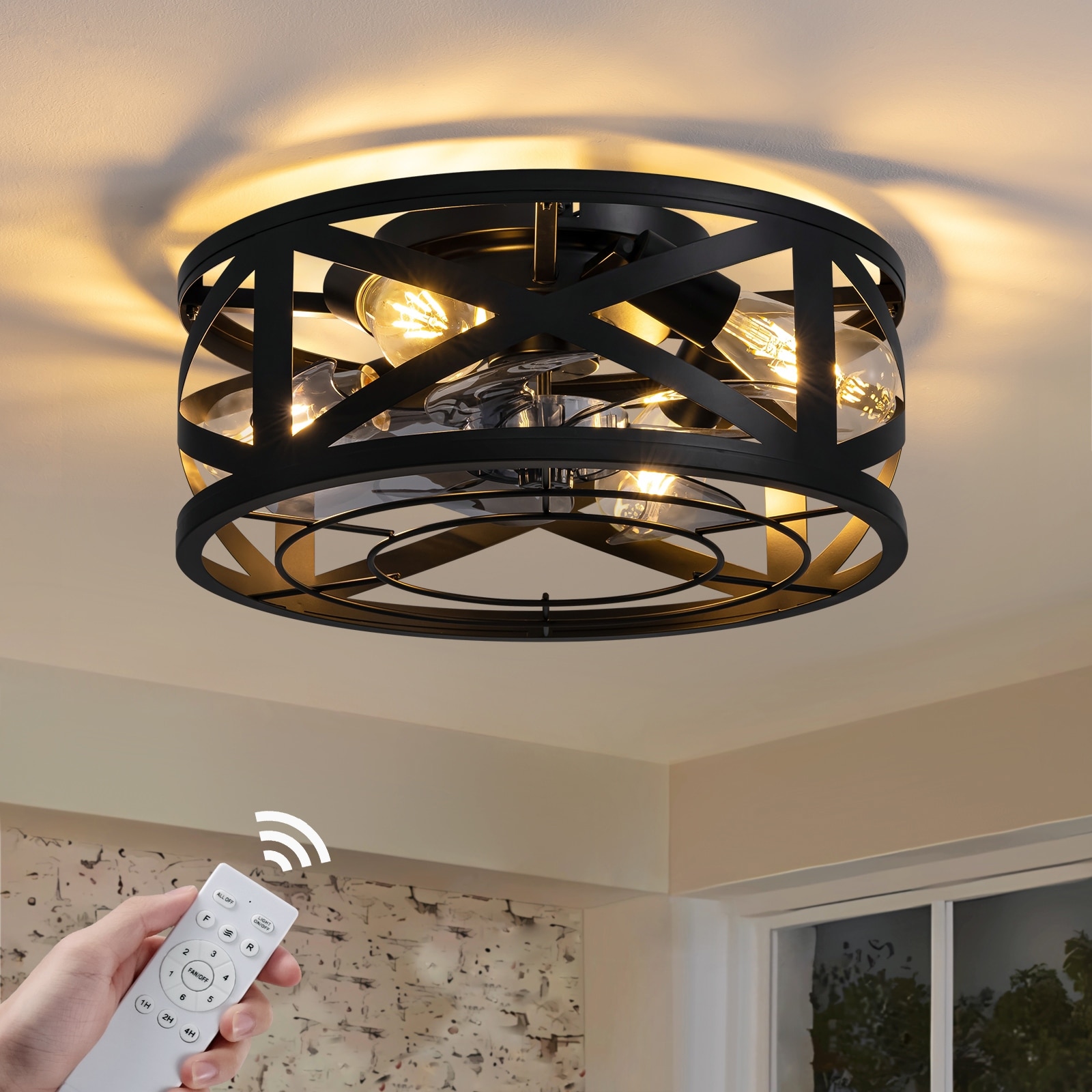 16" Industrial Caged Ceiling Fan with Lights & Remote - 16''-4 Lights