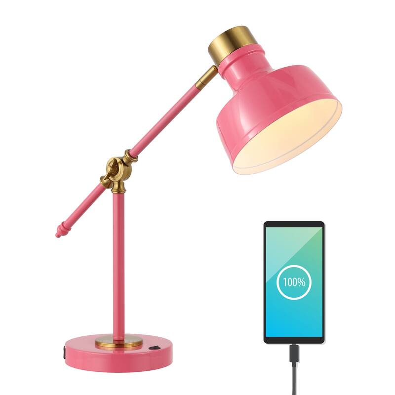 Odile 18.5" Classic Farmhouse Adjustable Cantilever LED Task Lamp with USB Charging Port, by JONATHAN Y - Pink/Brass Gold