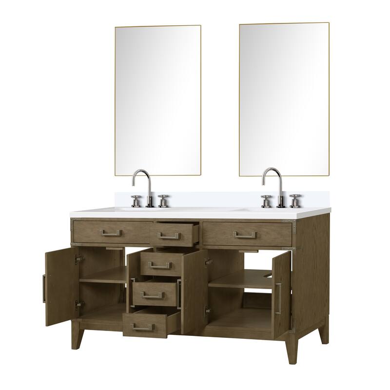 Laurel 60 in W x 22 in D Black Oak Double Bath Vanity, White Quartz Top, Faucet Set, and 28 in Mirrors