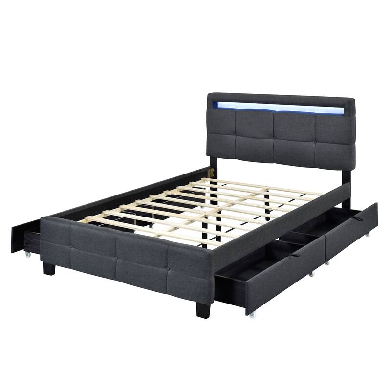 Upholstered Platform Bed with LED Frame and Drawers