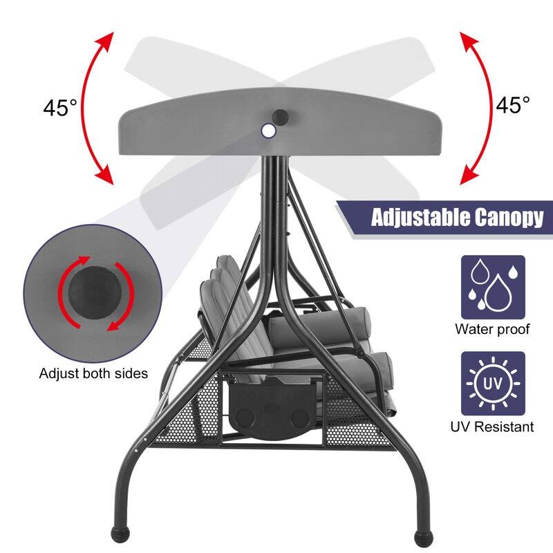 Outdoor 3-Seat Porch Swing with Adjustable Canopy & Cup Holder,Porch Swing Glider Chair, Heavy-Duty Steel Frame