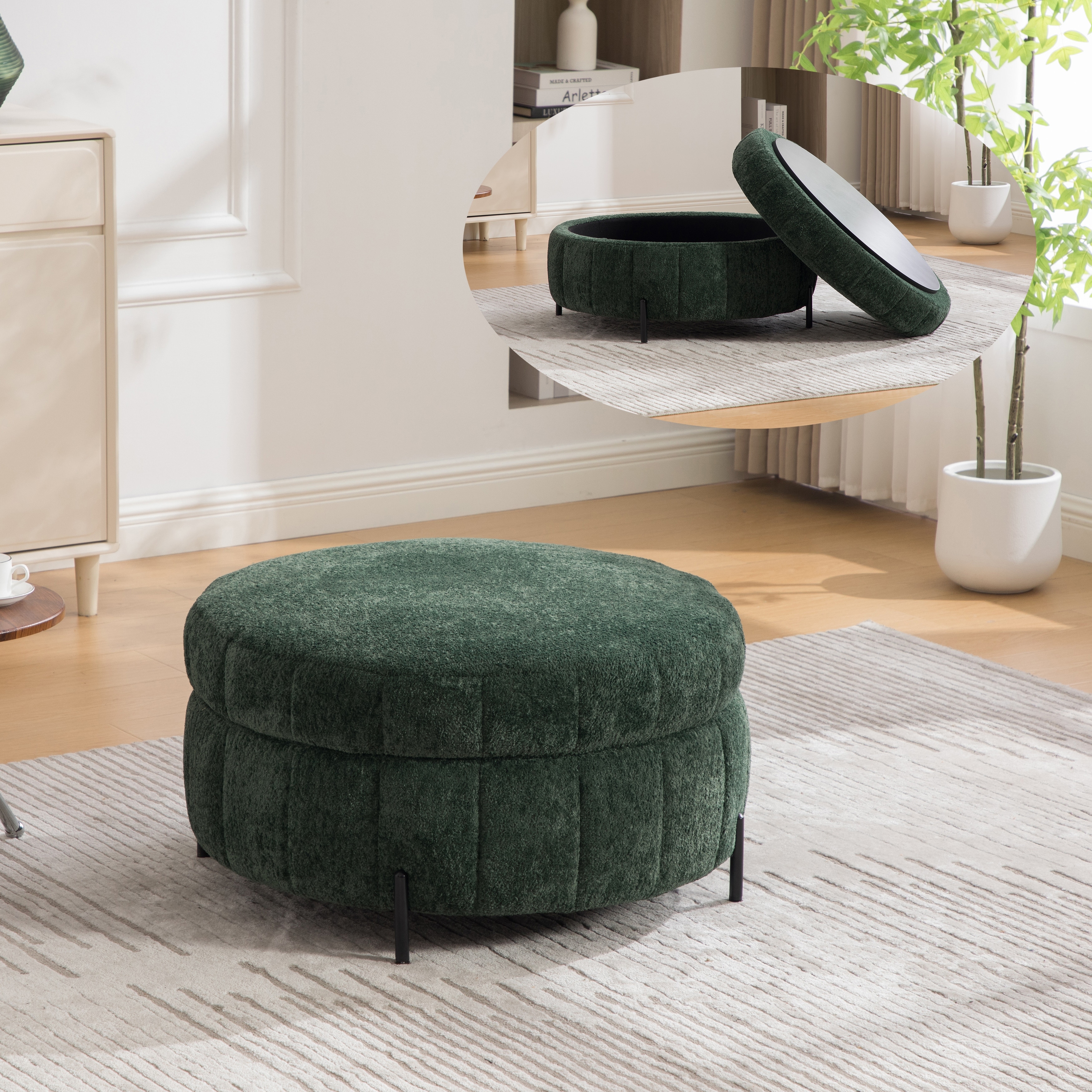 31.3"W Round Storage Ottoman, Footstool with Reversible Lid,Coffee Table,Metal Legs