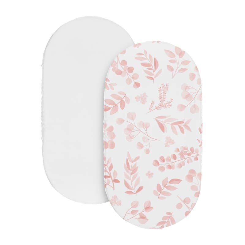 Sweet Jojo Designs Boho Floral Leaf Girl 2 Pack Baby Bassinet Fitted Sheets White and Pink Chic Bohemian Watercolor Botanical