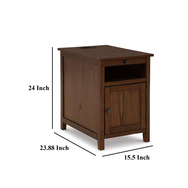 Gena Side End Table, Shelf and Pull Out Tray, Brown Solid Wood 24 Inch