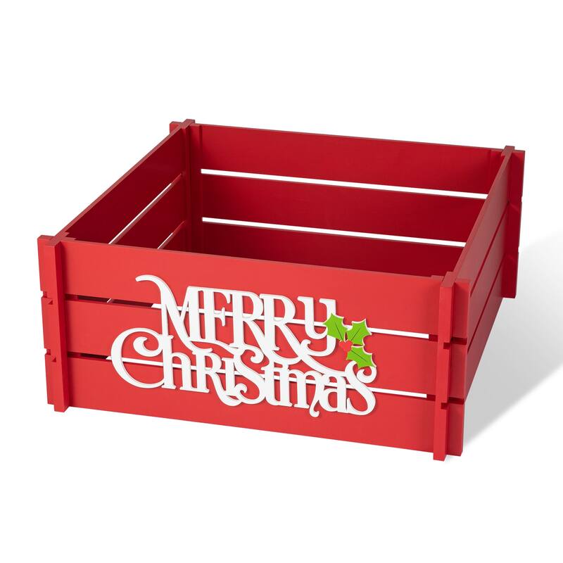 Glitzhome MERRY CHRISTMAS Solid Wood Crate Xmas Tree Collar - 27"L Red