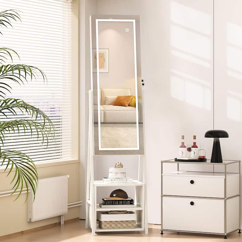 VECELO Standing Jewelry Cabinet Armoire with Adjustable LED Lights and Multi-functional Storage Shelf Drawers
