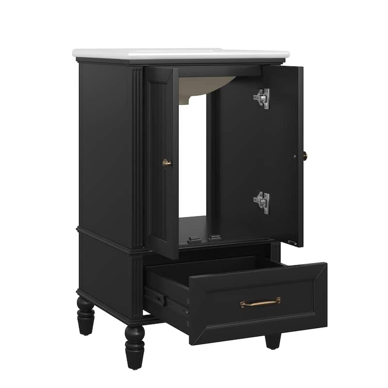 Bathroom Vanity with Sink, Small Solid Wood Bathroom Vanity, Freestanding Bathroom Cabinet with 2 Doors & 1 Drawer