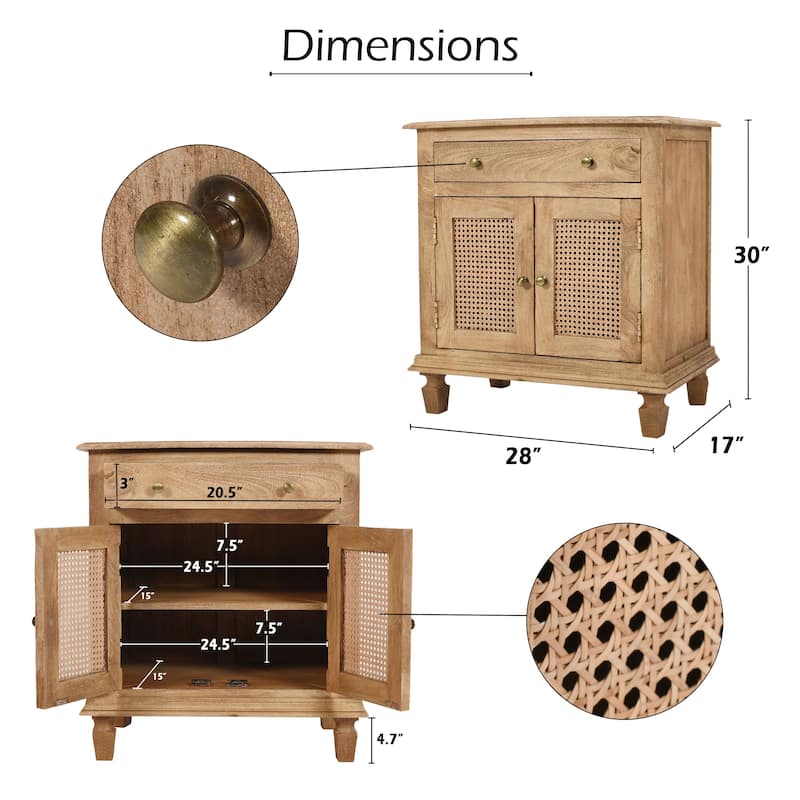 30 Inch Nightstand Table, Rattan Cabinet Doors and Drawer Fronts, Sandblasted Brown Mango Wood