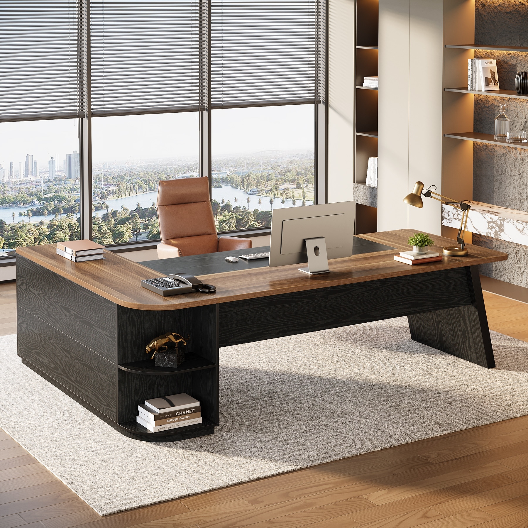 78.7-Inch L-Shaped Executive Desk with Cabinet and Open Storage Shelves