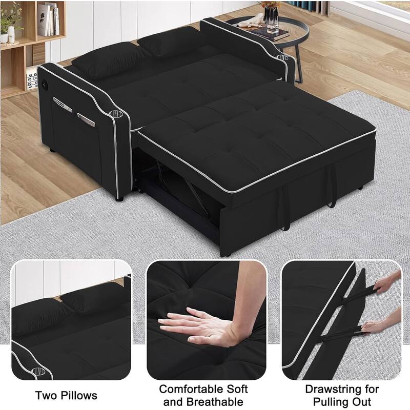 3-in-1 Multi-Functional Velvet Sleeper Sofa Couch with Pullout Bed, Loveseat Sofa Sleeper with USB Port