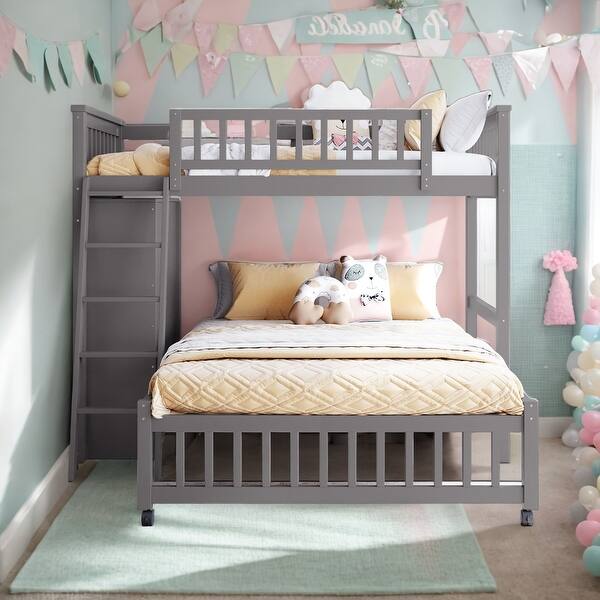 slide 2 of 13, Twin Over Full Wooden Bunk Bed with Drawers and Shelves Gray
