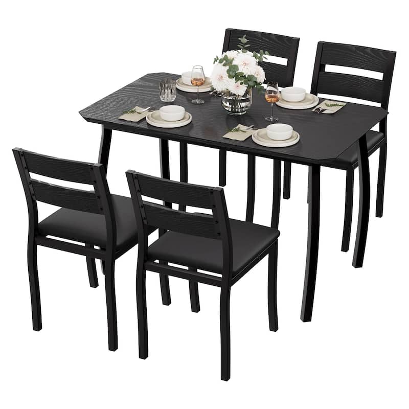5 Piece Metal Frame Kitchen Table and Chair Set, with Chamfer Design - Black