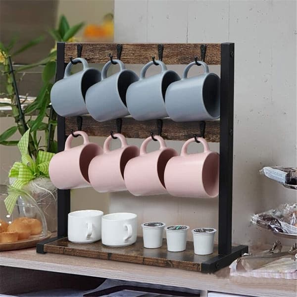 Rustic Countertop Coffee Mug Rack Holder Metal with Wooden Shelf ...