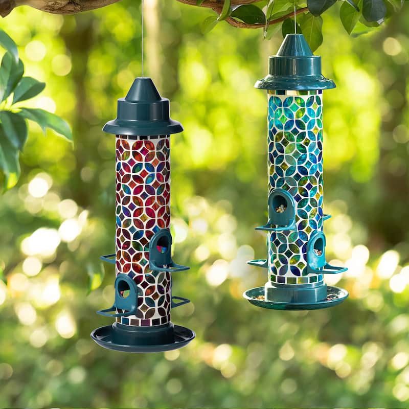 Glitzhome 20''H Tall Hanging Blue/Green Mosaic Birdfeeder