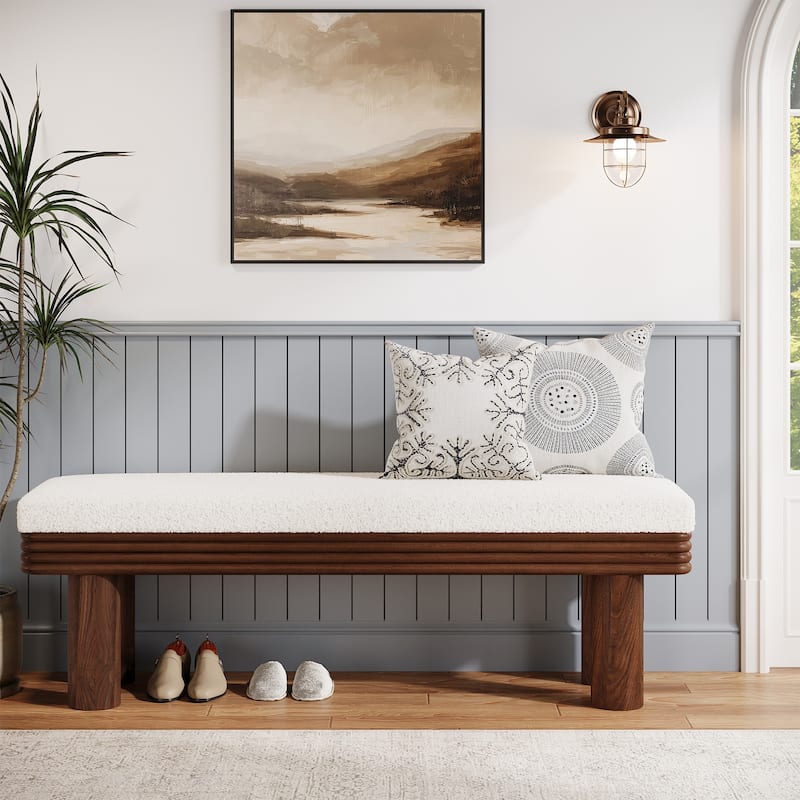 Upholstered Entryway Bench, Faux Shearling Padded Seat Shoe Bench, Bedroom Entrance Living Room End-of-Bed Accent Stool