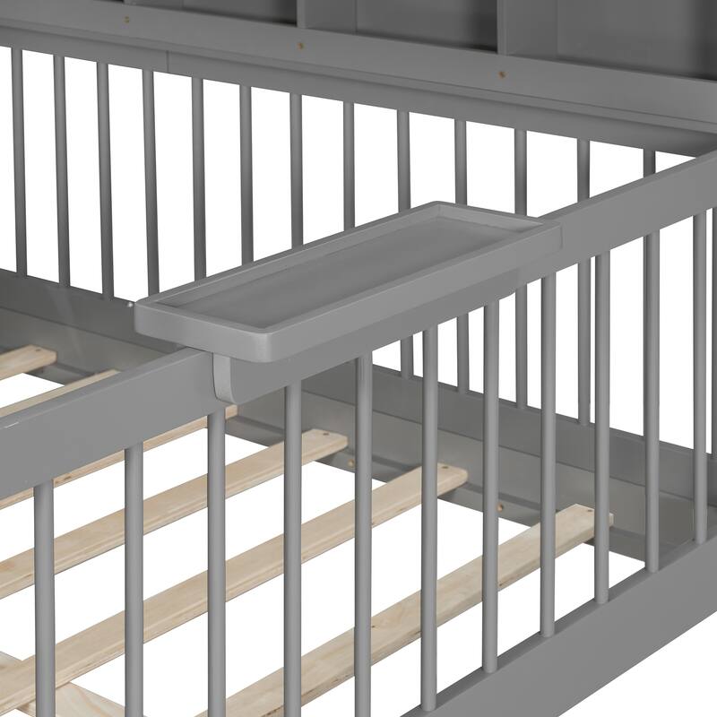 Kids Fence Platform Bed Full Size House Bed with Tent, Bookshelf, Light Strip, Charging Station, Shelves and Storage Drawers