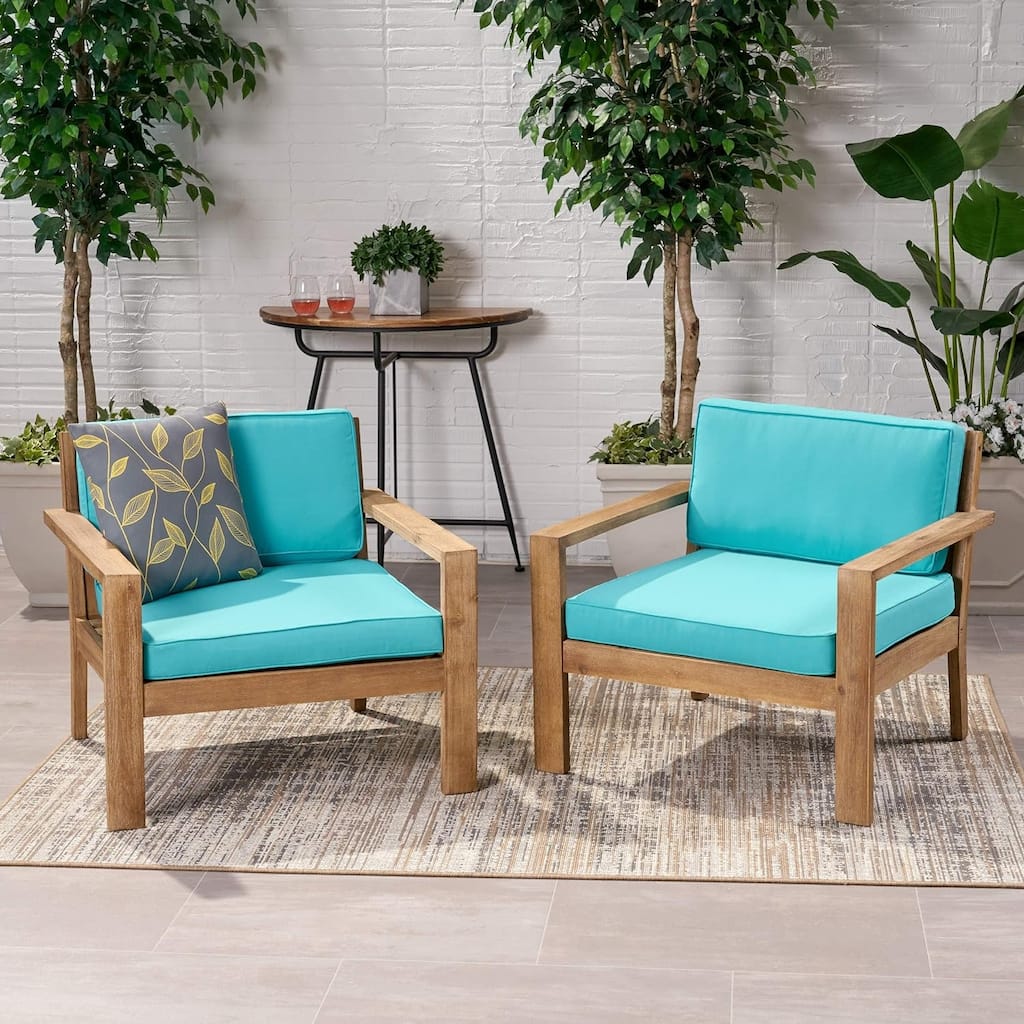 Roomfitters Outdoor Club Chairs with Wooden Frame and Bright Cushions, Patio Seating for Balcony or Garden, Set of 2