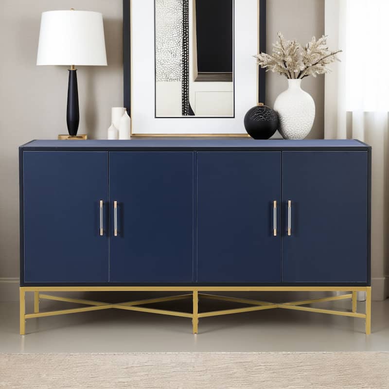 Distinctive Features of A Four-Door Sideboard with Metal and Cross-Leg Design,Suitable for Living Rooms - Navy Blue