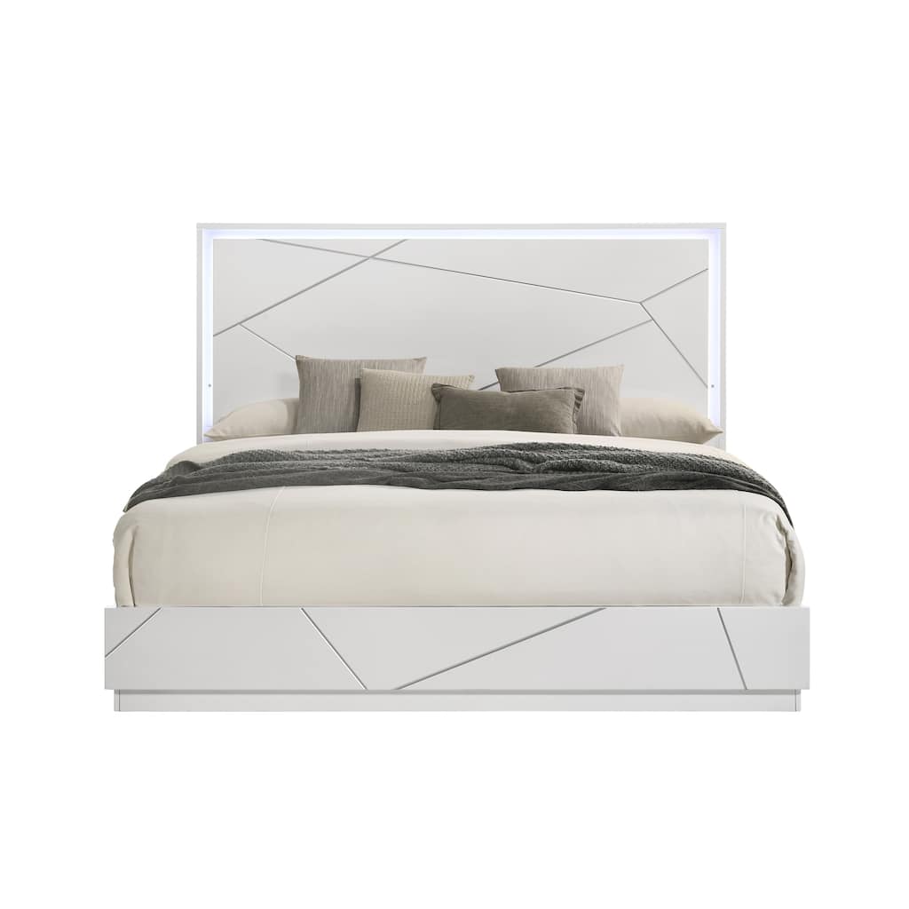 High Gloss Silver Queen Bed with LED Light and Embossed Lines