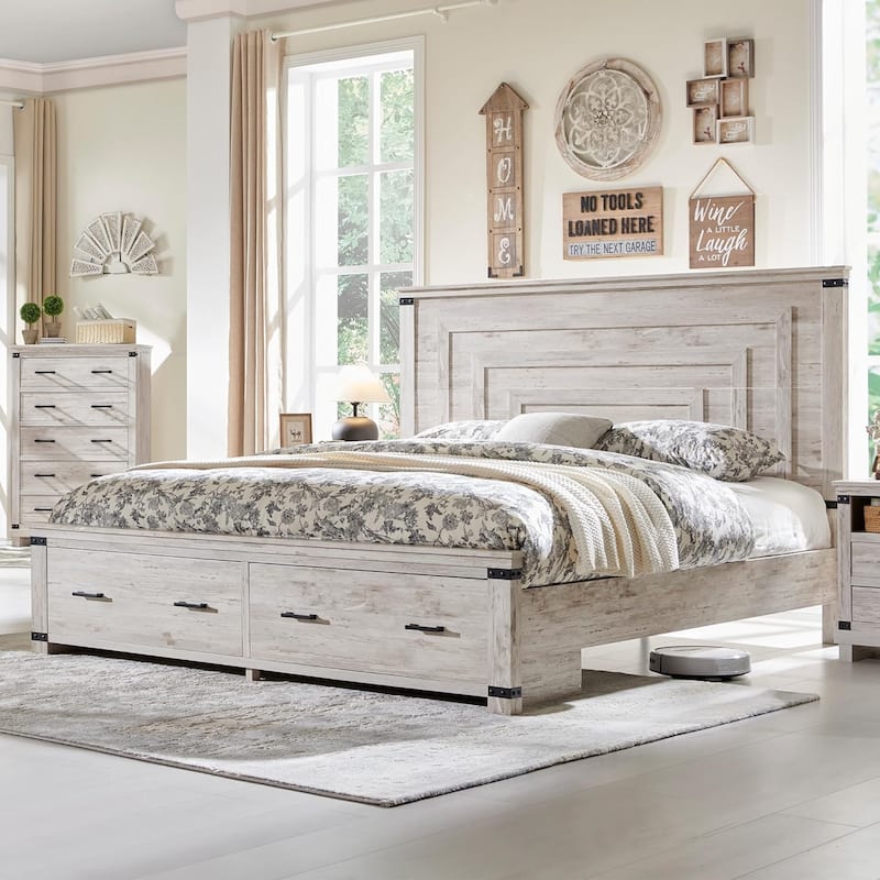 Farmhouse Wood Bed Frame with 54" Tall Headboard, 2 Large Drawers