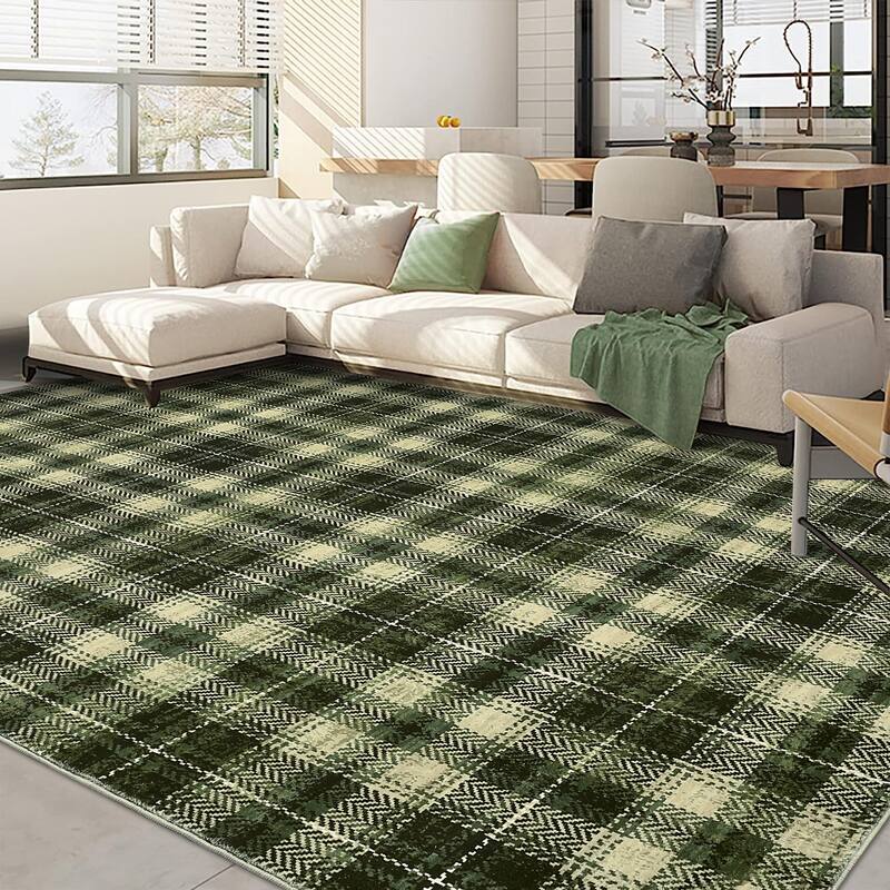 Washable Area Rugs for Living Room Bedroom Modern Plaid Rug Soft Non Slip Low Pile Farmhouse Geometric Rug - 9'x12' - Dark Green