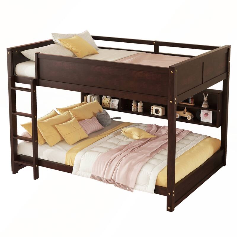Queen Over Queen Bunk Bed with Built-in Storage Cabinets and Charging Station