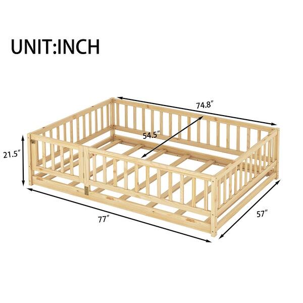 dimension image slide 0 of 7, Montessori Floor Bed with Fence & Door, Toddler Wood Bed Frame for Kids