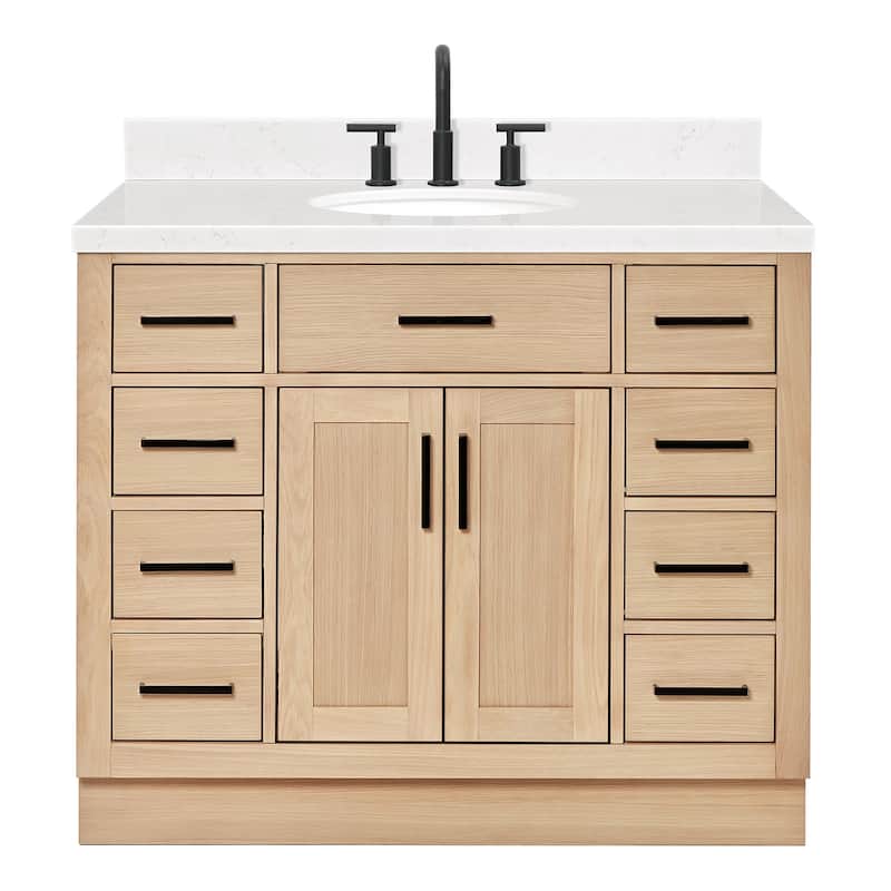 Ariel T042SCQOVO Hepburn 43" Free Standing Single Basin Vanity Set - Oak / Carrara White Quartz Top / Matte Black