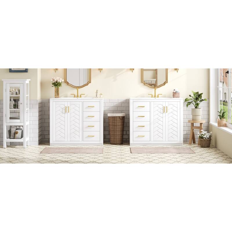 Roomfitters 72 Inch Bathroom Vanity with Ceramic Sink, Solid Wood Frame Cabinet with Sliding Tiers & Soft Close Doors, White