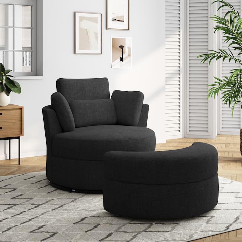 Upholstered Swivel Accent Chair with Wooden Tray Storage Ottoman - Chair & Ottoman Sets - BLACK/Chenille
