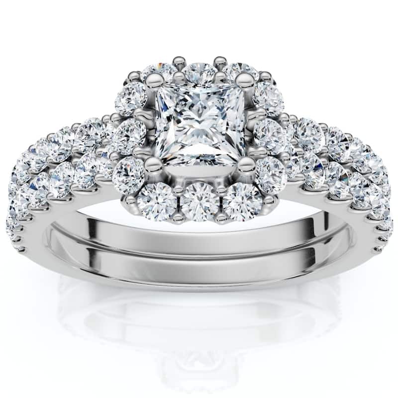 1.50Ct Princess Cut Halo Diamond Engagement Wedding Ring Set Gold Lab Grown