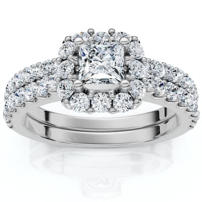 1.50Ct Princess Cut Halo Diamond Engagement Wedding Ring Set Gold Lab Grown