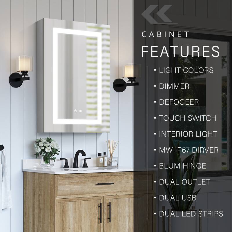 30" H Recessed or Surface LED Mirror Cabinet with Adjustable Glass Shelves,Defogger, Dimmer And Outlets & USB Ports