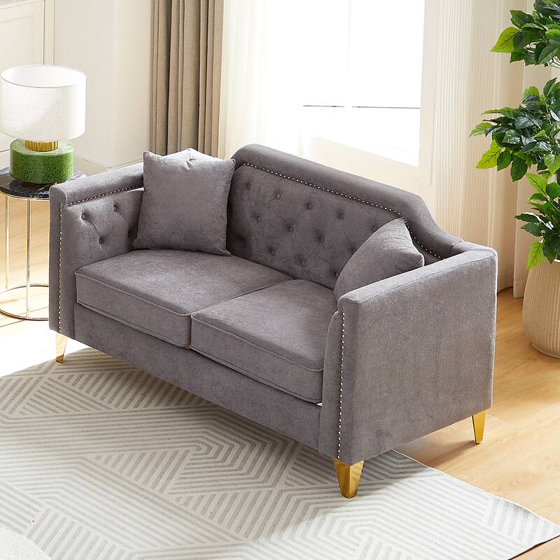 Mid-century Chenille Pull Buckle Sofa, Buttons Tufted With Copper Nail and Metal Leg - Grey