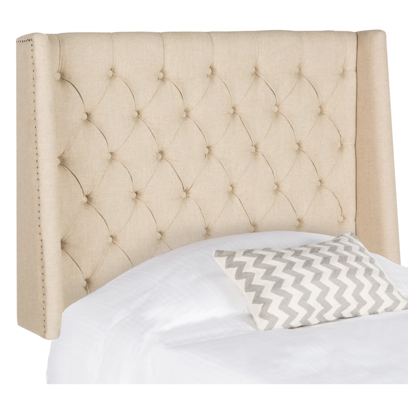 SAFAVIEH Shandra Taupe Linen Upholstered Tufted Wingback Headboard (Full) - Hemp - Twin